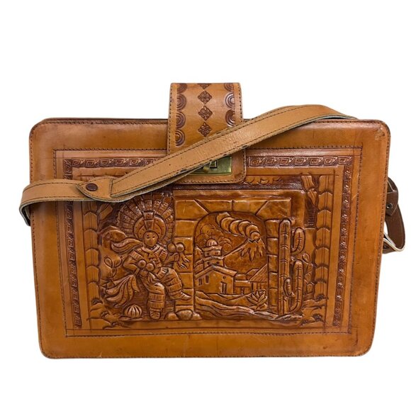 Vintage Embossed Leather Shoulder Bag With Mexican Folk Art Design - Picture 4 of 10